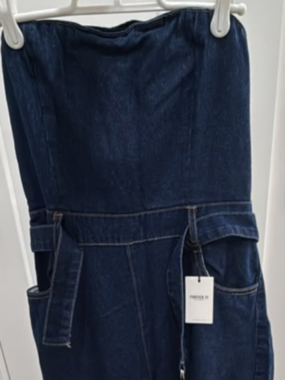 NWT Forever 21 Womens Strapless Strapless Belted Denim Jumpsuit Size M